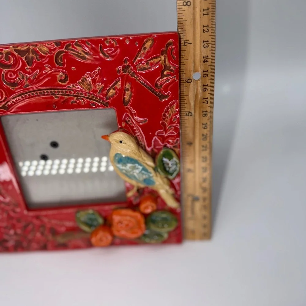 Red Ceramic Bird and Flower Embossed Photo Frame Square 4x4 Cottagecore